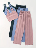 Women Ribbed Pajama Set Lace Trim Cami Top and Pants Sleepwear Soft Breathable Button Front Loungewear