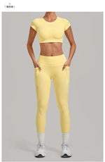 Yoga Set Women's Tracksuit Short Sleeve Back Hollow Out Sports Top Athletic Wear Tight High Waist Pocket Leggings Fitness Suits