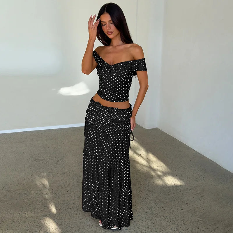 FDYOUI Woman Clothing Polka Dot Crop Tops and Lace-up Skirt Two Piece Sets Female Elegant Slash Neck Long Vacation Dresses Suit