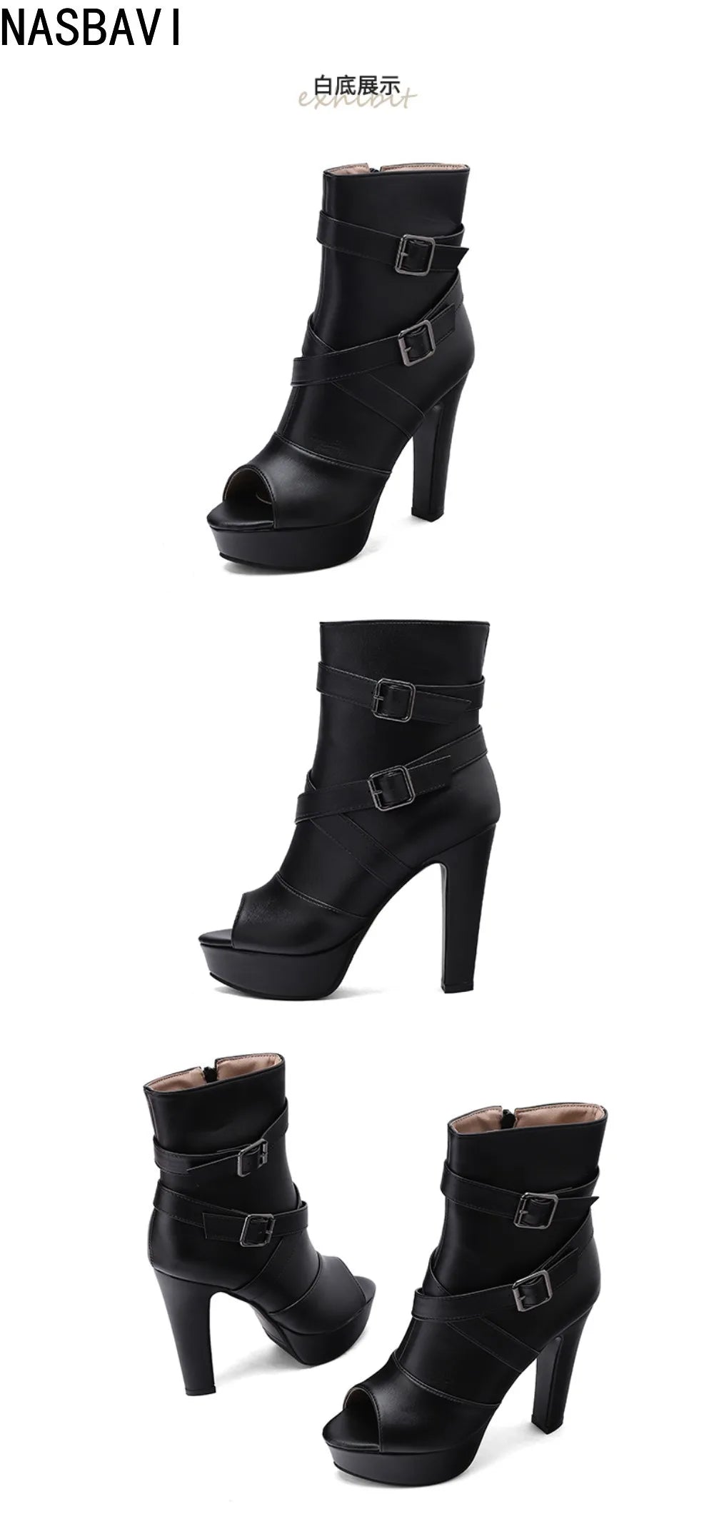 White Sexy Women Sandals Peep Toe 12cm Chunky Platform Zipper Belt Big Size 34-50 Dating Nightclub Ankle Cool Sandals Boots