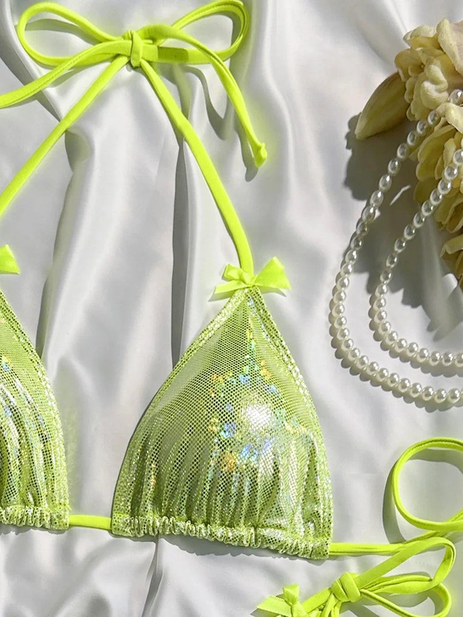 Sparkling Glitter Halter Bow Bikini Female Swimsuit Women Swimwear Two-pieces Bikini Set High Cut Bather Bathing Suit Swim Lady