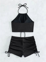Sexy Ring Linked Pleate Bikini Set Women Brown Cut Out Push Up Two Piece Swimsuit 2024 Bathing Suit High Waist Panties Swimwear