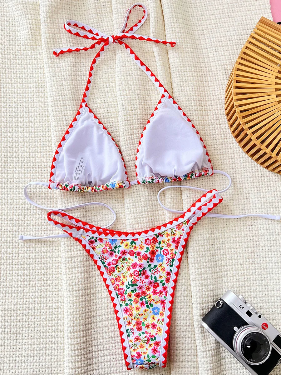 Floral Print High Cut Halter Bikini Women Swimwear Female Swimsuit Two-pieces Bikini Set Brazilian Bather Bathing Suit Swim Lady