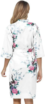 Women's Floral Satin Kimono Robe and Nightgown Set with Camisole 2 Piece Sleepwear Peacock Bathrobe