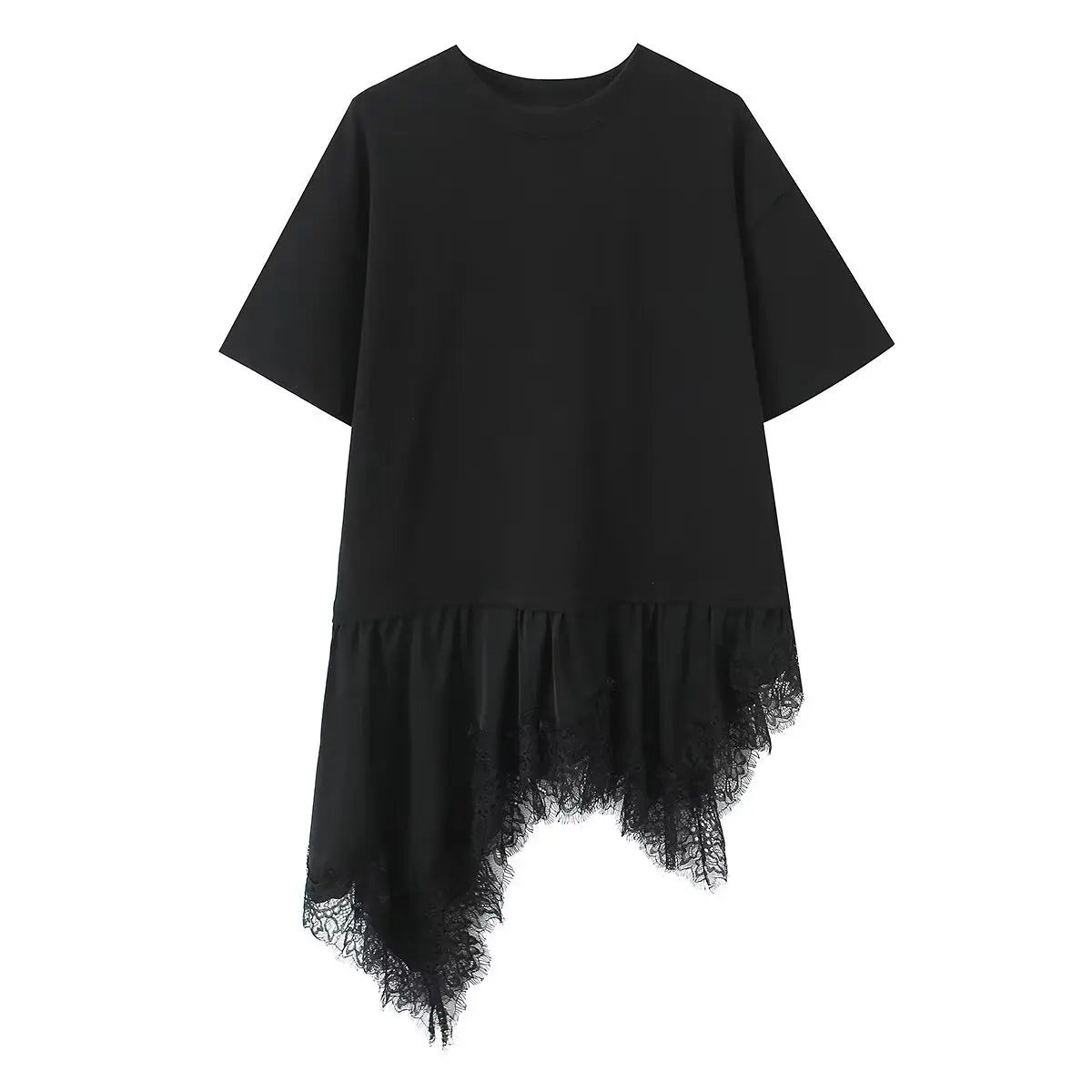 New Women's Lace Patchwork T-Shirt Top Women Lace Trim Hem T Shirt Crew Neck Short Sleeved Loose Fit Casual Solid Color Top MQ08