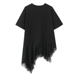 New Women's Lace Patchwork T-Shirt Top Women Lace Trim Hem T Shirt Crew Neck Short Sleeved Loose Fit Casual Solid Color Top MQ08