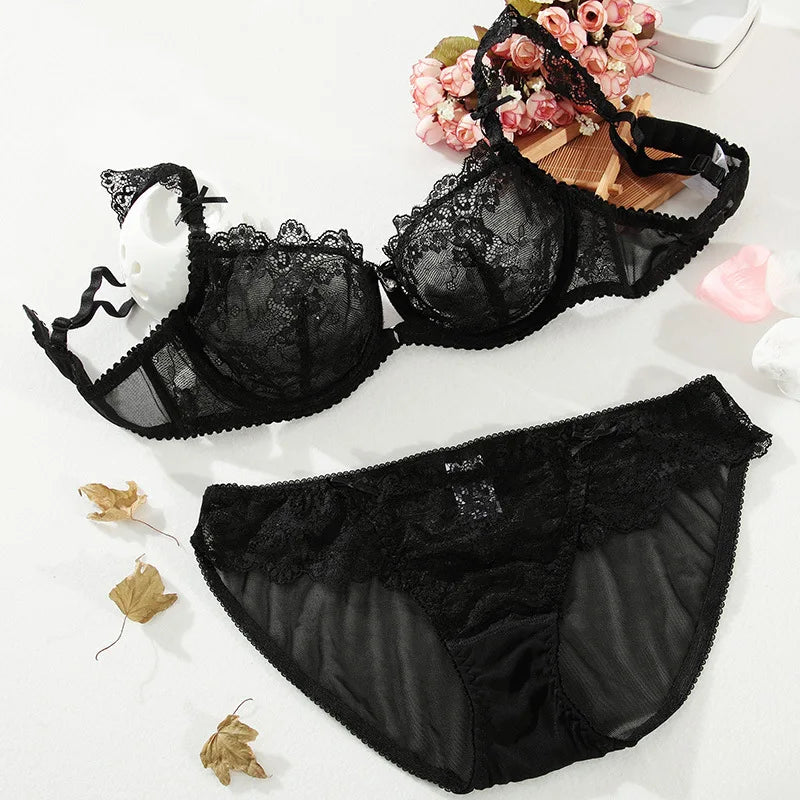 Sexy Hollow Push Up Bra Set French Ultra Thin Lace Embroidery Women Underwear Burgundy Breathable Temptation Plus Size Lingerie