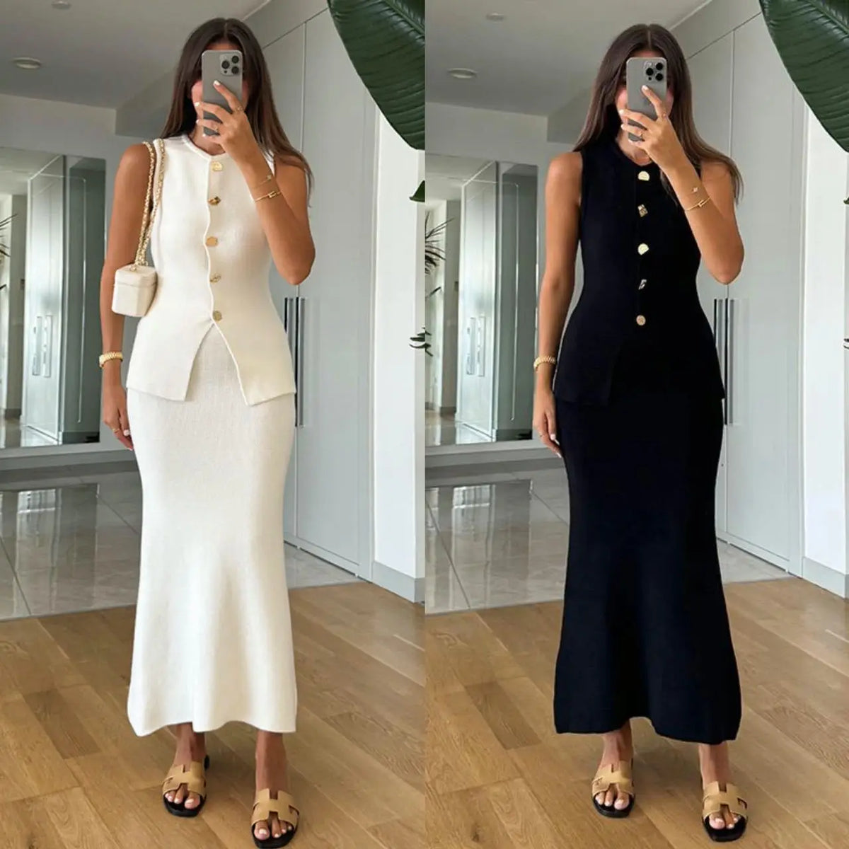 Simple Style Two Piece Set Woman New In Matching Sets Two Piece Outfits Sleeveless Tops Skirts Solid Color Temperament Commuting