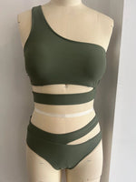 Woman 2026 Bikini One Shoulder Top Olive Green Bikinis High Waist Brief Side Cut Out Swimwear Solid Cropped Top Two Piece