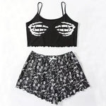 Women Sleepwear 2 PCS Pajama Set Short-Sleeved Tops and Shorts Suit Black Skull Print Soft Comfort Halloween Loungewear