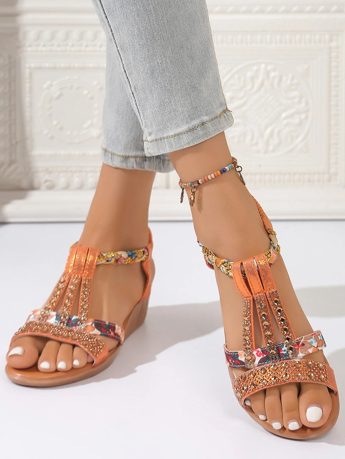 Shoes for Women Summer Women Wedge Bohemia Rhinestones Casual Platform Sandals Female Peep Toe Outdoor Beach Shoes 2026