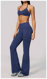 Summer Fitness Suit Women Seamless Hanging Neck Pleate Sports Bra Yoga Sets High Waist Wide Leg Leggings Running Athletic Wear