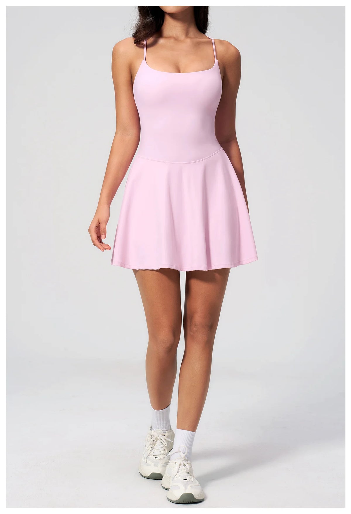 Women Tennis Dress with Shorts Pocket Square Neck Hollow Back Sleeveless One Piece Sports Outfit Fitness Pleate Mini Dresses
