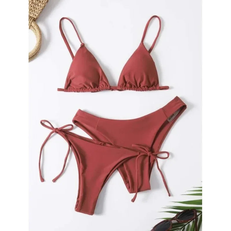 Sexy 3 Piece Bikini Set Women Solid Blue Purple Push Up Bandage Triangle Swimsuit Brazilian Beach Bathing Suit Swumwear Biquini