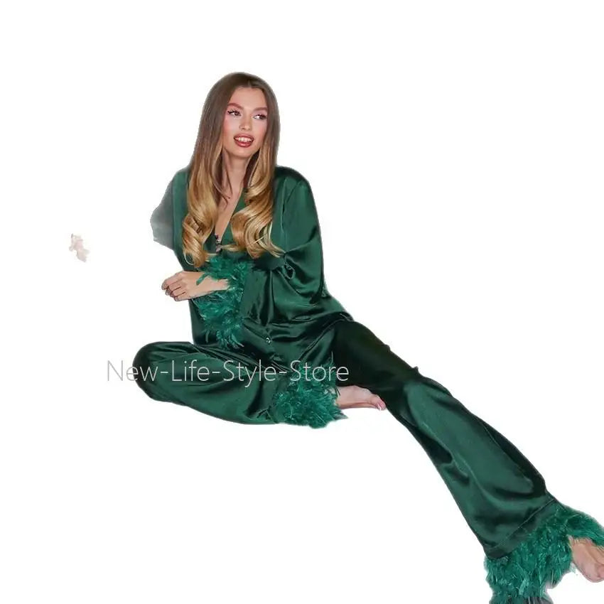 Women Luxury Satin 2Pcs Pajama Set Feather Patchwork Lapel Top Long Pants European Style Homewear Elegant Sleepwear Loungewear