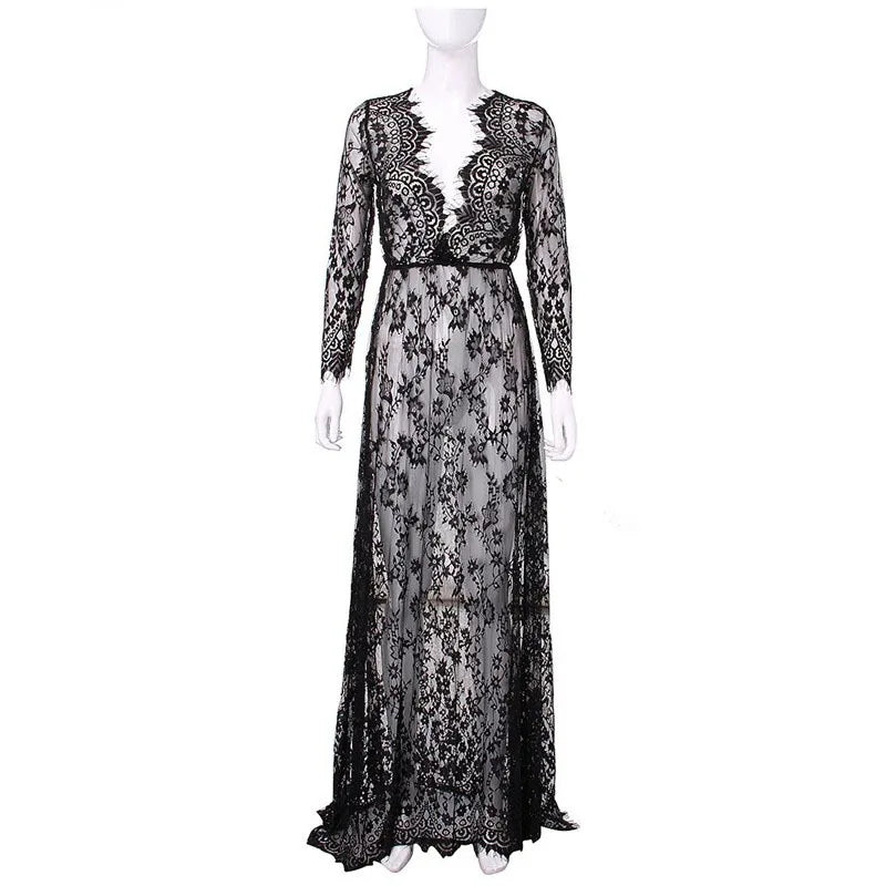 Sexy See Through Lace Long Dresses For Women Deep V-neck Solid Color Maxi Dress Fashion Streetwear Party Night Club Vestidos New