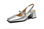 Elegant Slingback Sandals Women Summer Shoes Pink Black Silver Medium Heels Close Toe Office Party Shoes Female Large Size 45