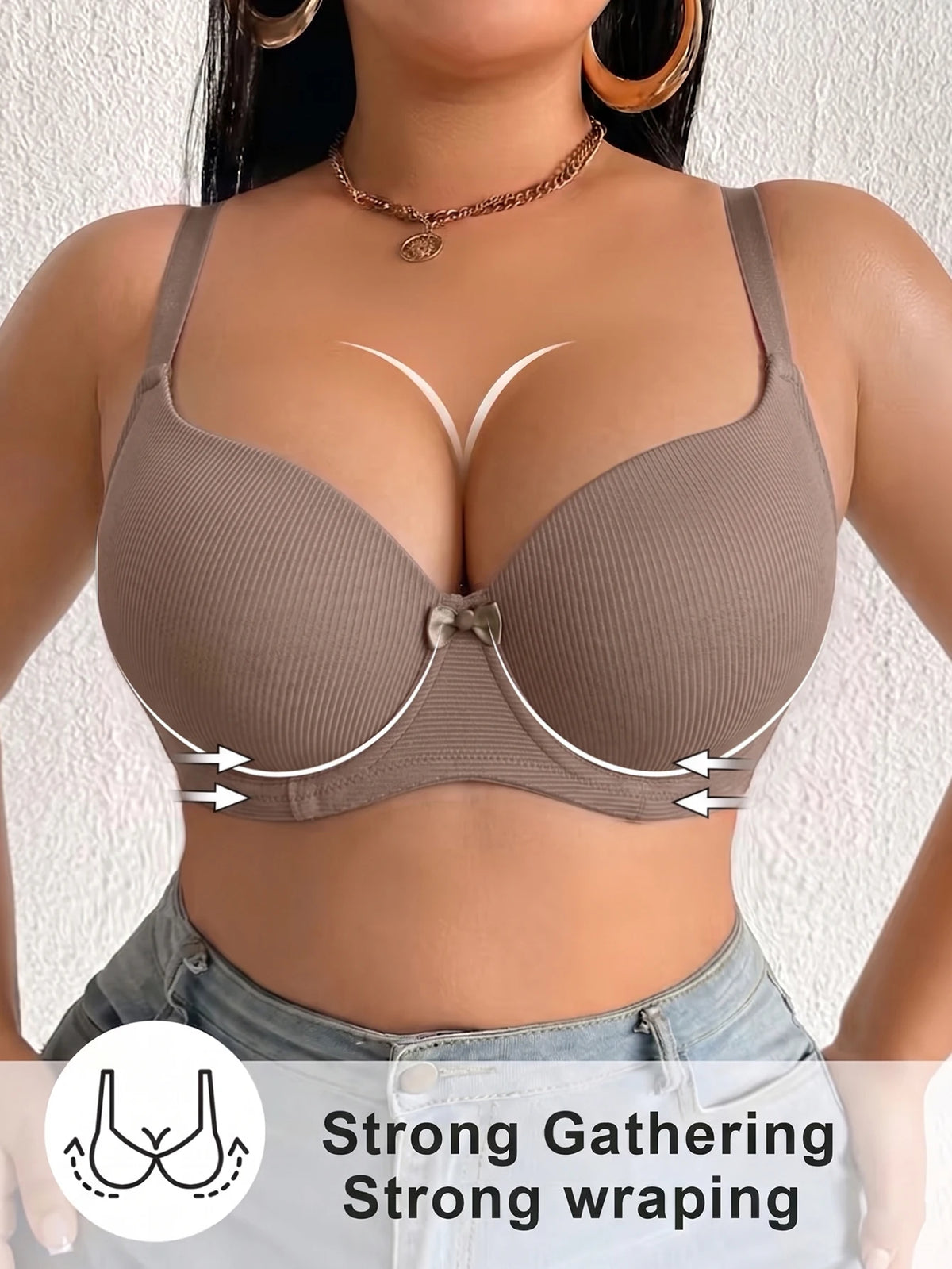 Plus Size Women's B C D Thin Cup Ribbed Push Up Bra Wide Straps Underwire Side gather Lingerie Comfort Ladies Brassiere