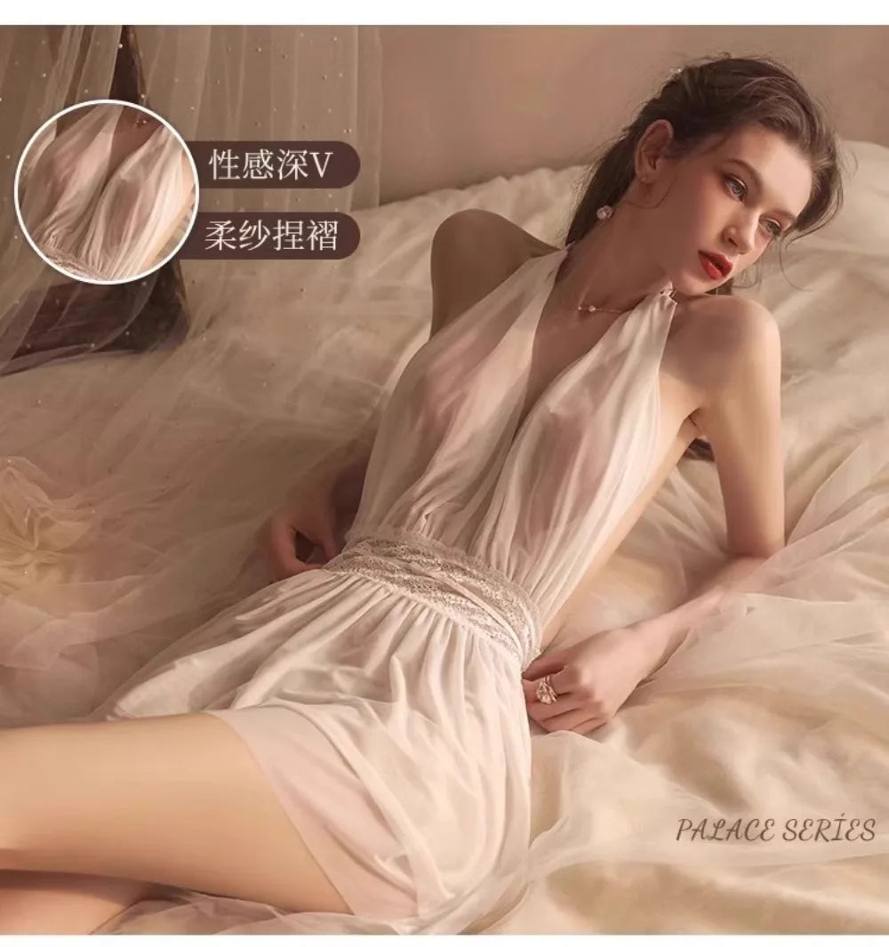 French Style Sexy Nightgown for Women Thin Strap Backless Lace Mesh Sleep Dress Summer French Style Hot Date Night Homewear
