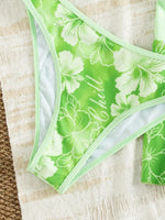 Vintage Green Floral Print Bikini Set 2026 Women Drawstring Pleate Skirt 3 Piece Swimsuit Beach Holiday Bathing Suit Swimwear