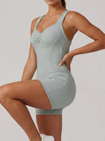 Cross Exposed Back Shaping Nude Yoga Jumpsuit Women Summer Sleeveless Pleate Slim Hip Lifting Short Sport Fitness One Piece Suit