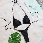 5 Colors Sexy Bikini Women Solid Swimwear Swimsuit Metal Chain Weave Straps Bikinis Set Bathing Suit Beach Bikini Female Thong