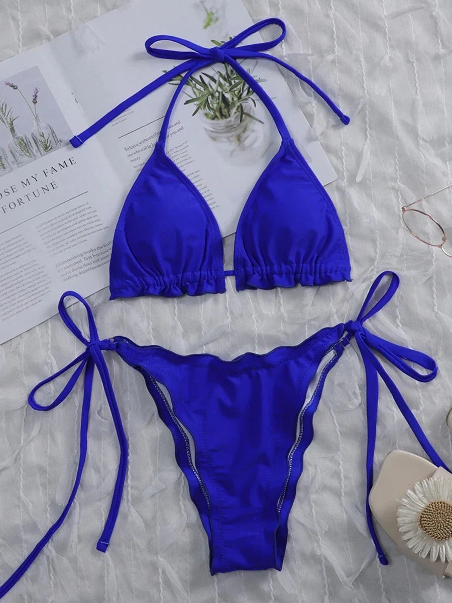 Halter String Ruffled Frilled Bikini 2026 Women Swimsuit Female Swimwear Two Pieces Bikini Set Padded Bather Bathing Suit Swim