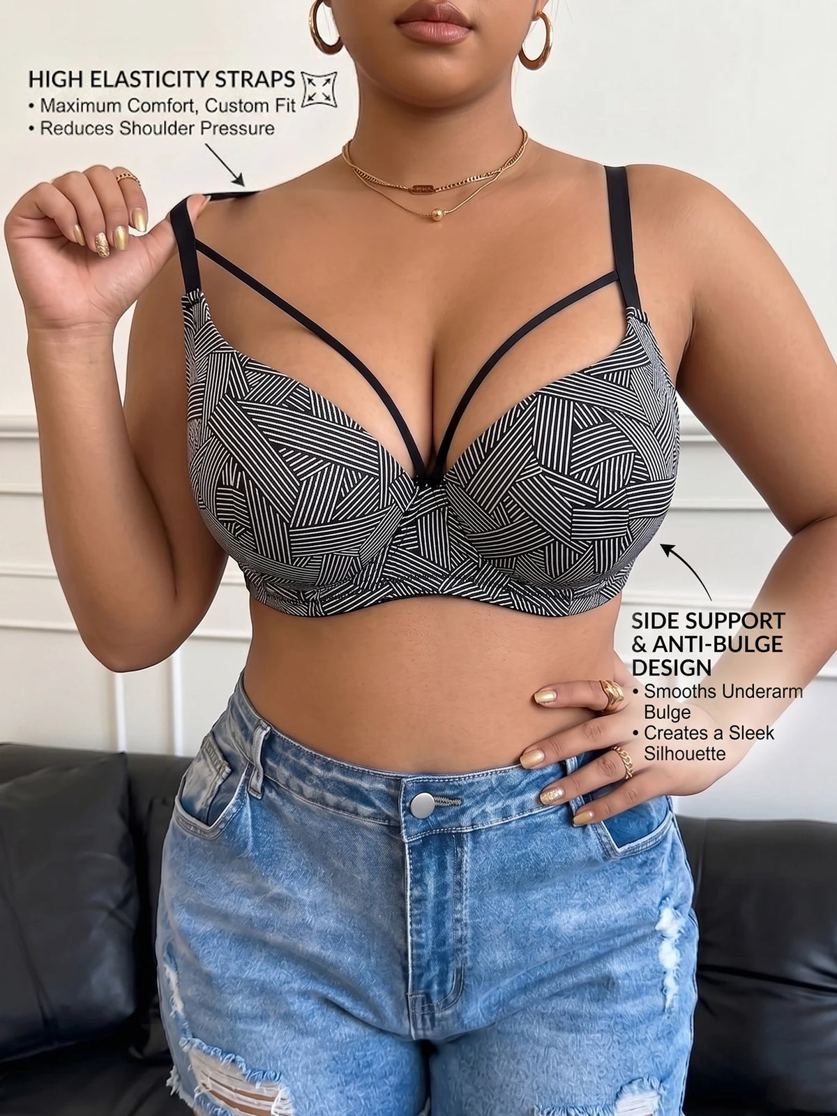 Plus-Size Women's B C D Cup Geometric Print Underwire Bra, Push-Up Bra for Side Breast Collection, Thin Cup Minimizer Comfortable Women's Bra