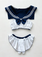 Women Sailor Collar Two-Piece Set Navy White Bow Decor Chiffon Fabric Casual Homewear Cosplay Costumes Daily Party Themed Event