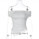 FDYOUI Woman Clothing Slash Neck T-shirts 2026 Summer Sleeveless Lace Patchwork White T Shirt Y2K Girls Irregular Corset Tee Top