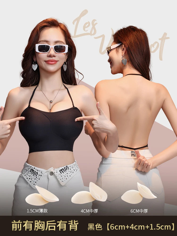 MOYISU 3D Push Up Bra for Small Bust, Halter Off Shoulder Open Back Bralette, Ultra Thin Straps Summer Bestseller, Sexy & Gather