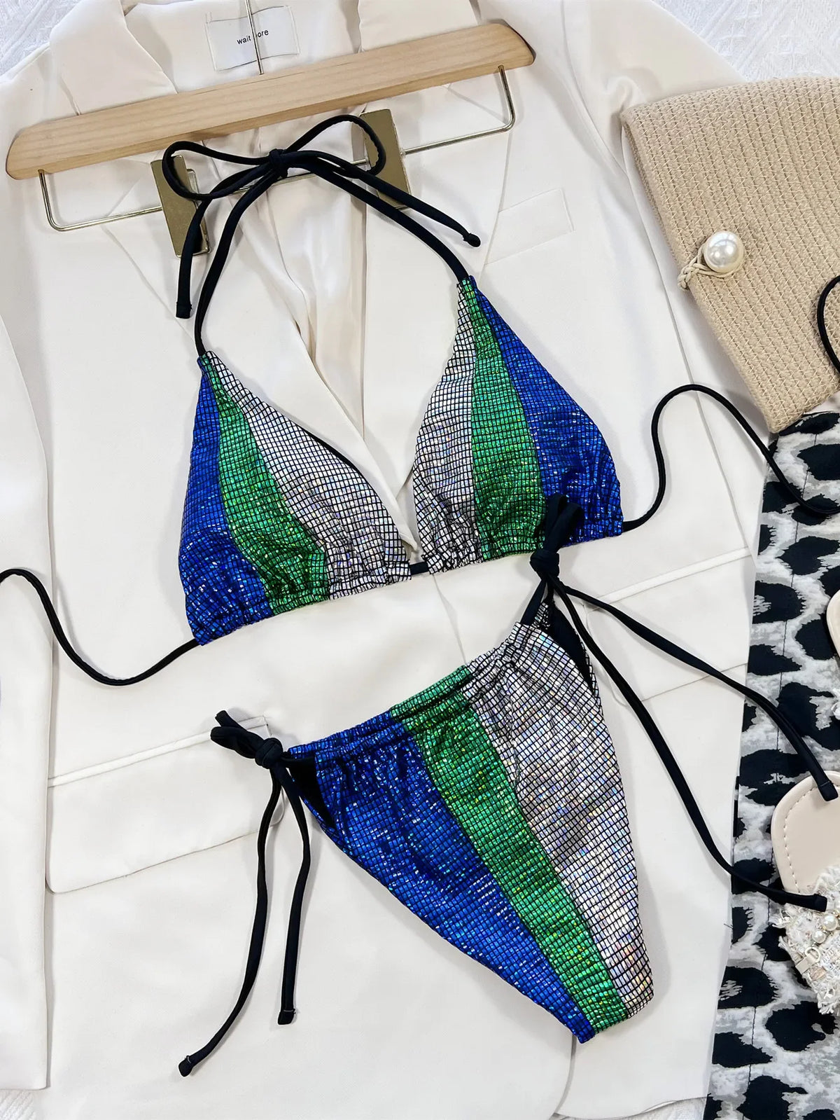 Bikini 2026 Sexy Patchowrk Shining Fabric Swimwear Swimsuit Women Halter Bikinis Set Bathing Suit Beach Bikini Biquinis Feminino