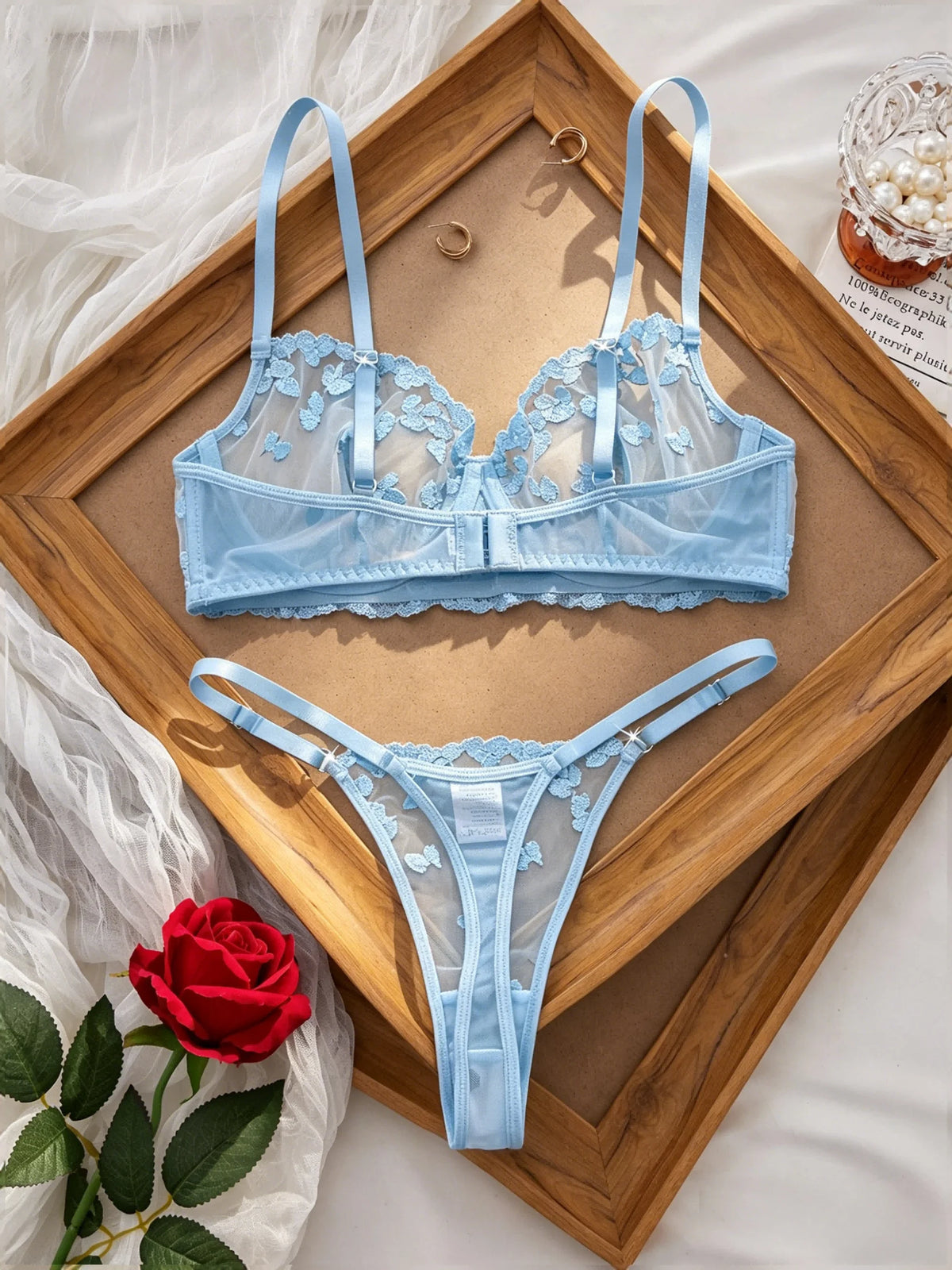 French Style Blue Lace Bra and Panties Set Women Sexy Eyelash Lace Underwear Transparent Mesh Two Piece Lingerie