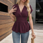 Summer V-Neck T-Shirt for Women Fashion Raglan Sleeve T-Shirt Casual Solid Color Multi-Color Women's Top