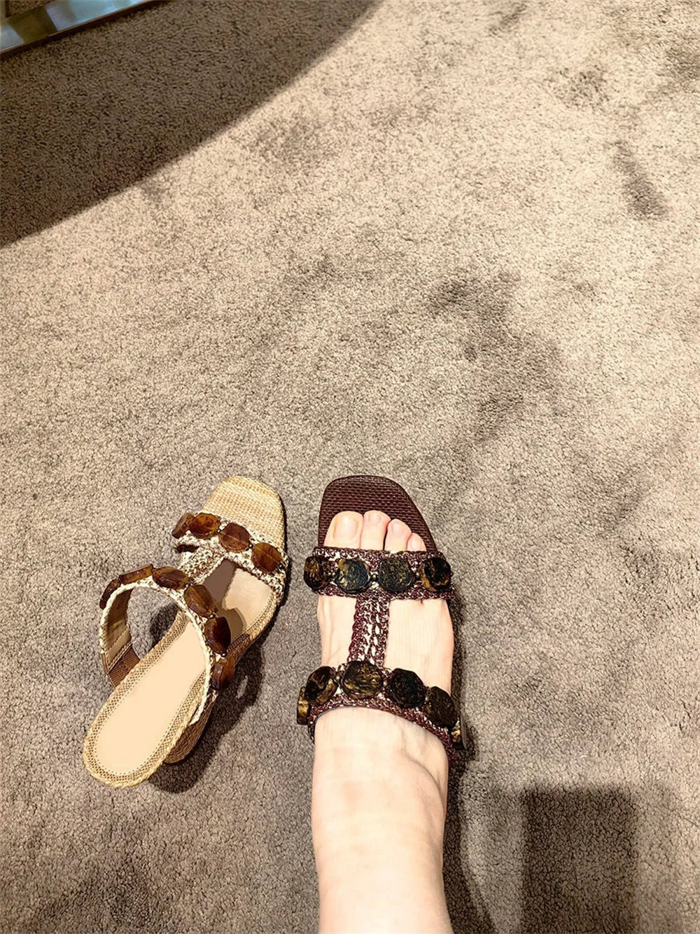 Boho Raffia Comfortable 8cm High Heels Wedge Slide Mules T-Strap Vacation Beach Straw Heels Espadrille Wedge Sandals Women Shoes