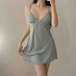 Womens Ribbed Knit Cami Dress Lace Trim V Neck Spaghetti Strap Mini Slip Nightgown Loungewear Casual Y2K Summer Sleep Dress Soft