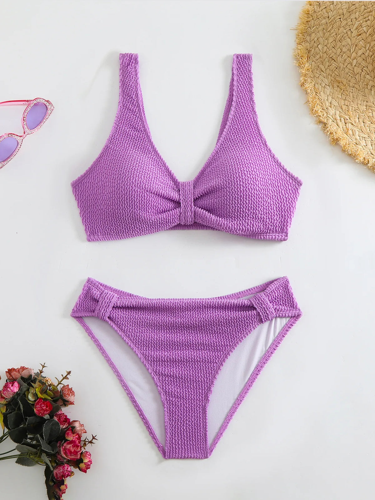 2026 Summer New Women's 2 Piece Swimsuit Solid Color High Waist Bikini Set V-neck Backless Beach Vacation Bathing Suit Swimwear