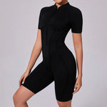 Summer Zipper Short Sleeve Yoga Jumpsuit Women Outerwear Sports Fitness Hip-lifting Backless One-piece Workout Gym Tracksutis