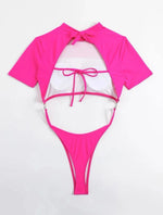 Bikini Women Swimsuit 2024 Blue Short Sleeve Hollow Out Thong Monokini Brazilian Beach Bathing Suit Push Up One Piece Swimwear