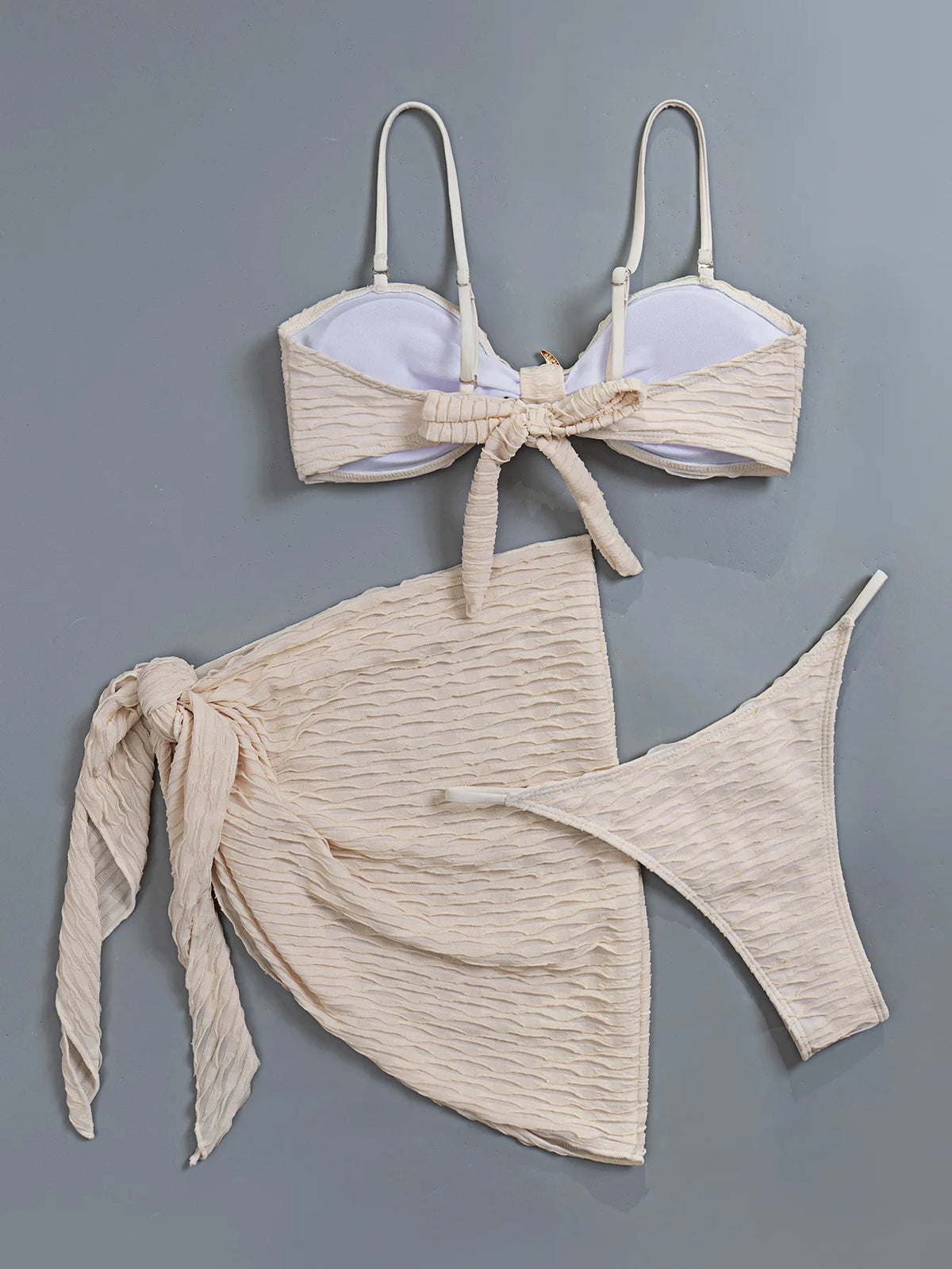 Sexy Starfish Pleate Push Up Bikini Set 2026 Women Beige Striped Cover Up 3 Piece Thong Swimsuit Beach Bathing Suit Swimwear