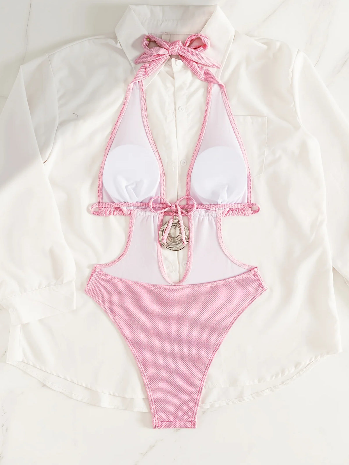 Sexy Pink Swimwear Women 2026 Metal Circle Hollow Out Backless Thong Bikini Beach Bathing Suit Holiday Pleate One Piece Swimsuit
