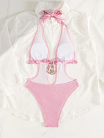 Sexy Pink Swimwear Women 2026 Metal Circle Hollow Out Backless Thong Bikini Beach Bathing Suit Holiday Pleate One Piece Swimsuit
