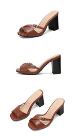 Summer New Fashion Open Toe Solid Color Simple Leather Surface Versatile Color Large Slippers Square Heel Shoes Women