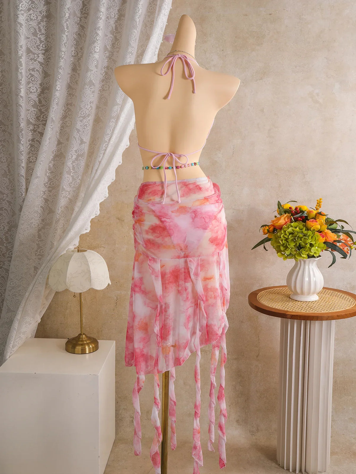 Vintage Pink Floral Tie Dye Gradient Bikini Set 2026 Women 3D Flower Push Up Bra Cover Up 3 Piece Swimwear Bathing Suit Swimsuit