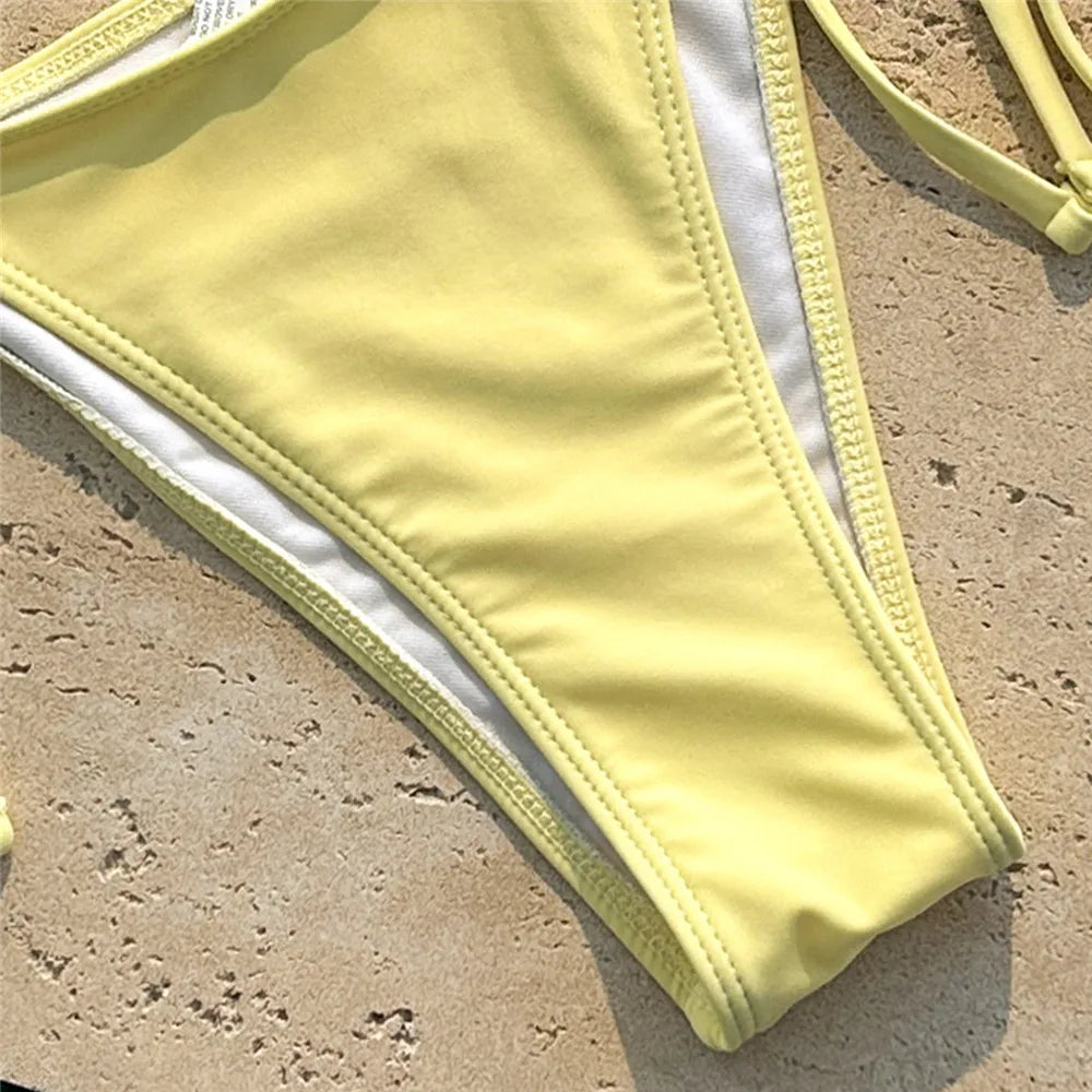 Cute Yellow String Halter Triangle Micro Bikini Thong Femmes Sexy Swimsuit Women Flower Swimwear 2026 Bikinis Sets Bathing Suit