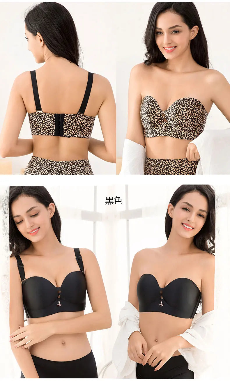 Sexy Women Strapless Bra Invisible Breast Lift Up Leopard Slim Seamless Breathable Wireless Brassiere Wrapped Chest Big Size 52F