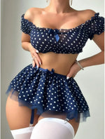 Women's EroticShort Skirt with Garter Straps Sexy Lingerie Women Sexy Polka Dot Off Shoulder Puffy Skirt PolkaExotic Set