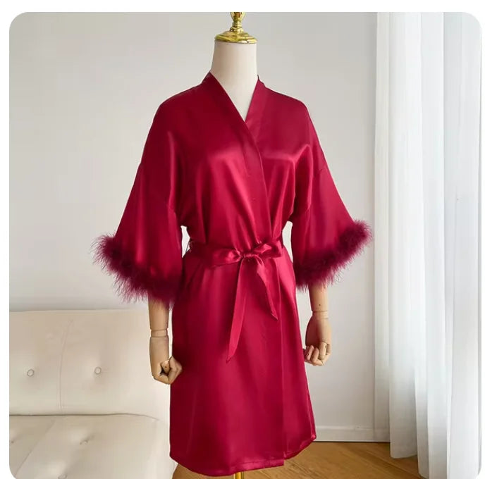 Fashion Satin Robe Female Bathrobe Sexy Lingerie Silk Kimono Bride Dressing Gown Women Sleepwear Furry 3/4 Sleeve Gown Bathrobe