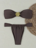 DEKA Tube Top Bikini Set Split Solid Color Swimwear Halter Neck Metal Accessories Swimsuit