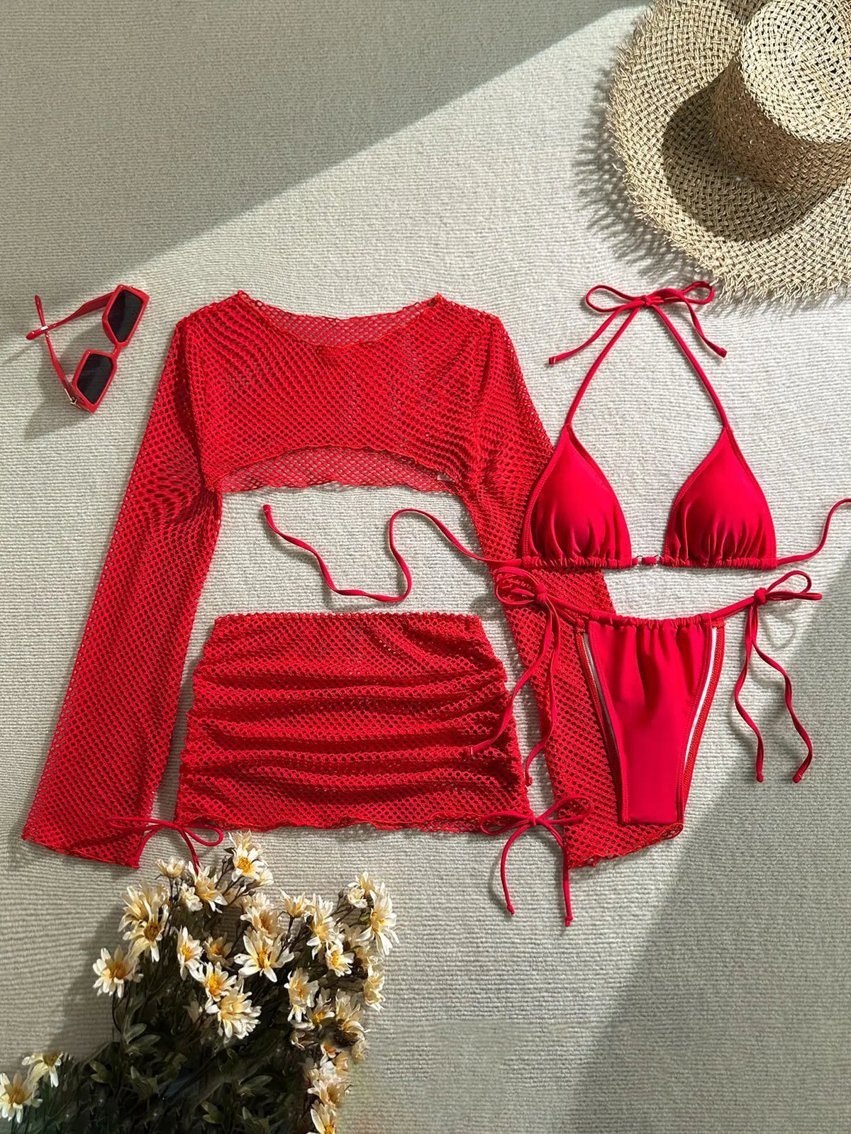 Red 4 Piece Bikini Set 2026 Women Long Sleeve Cover Up Drawstring Skirt 4 Piece Swimsuit Beach Bathing Suit Holiday Swimwear